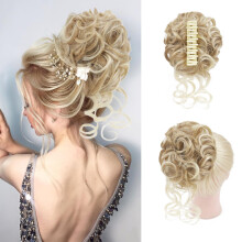 Dirty Blonde Messy Bun Hair Piece with Claw Clip, Synthetic Wavy Hair Extension for Women
