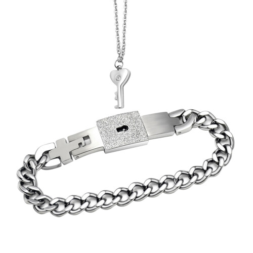 2Stk Interlocking Gravierte Armband Und Silber Halskette Paar Schmuck