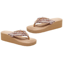 1Paar Khaki Dames Slippers Wedge Eva Stof Casual Hotel Strand Sandalen
