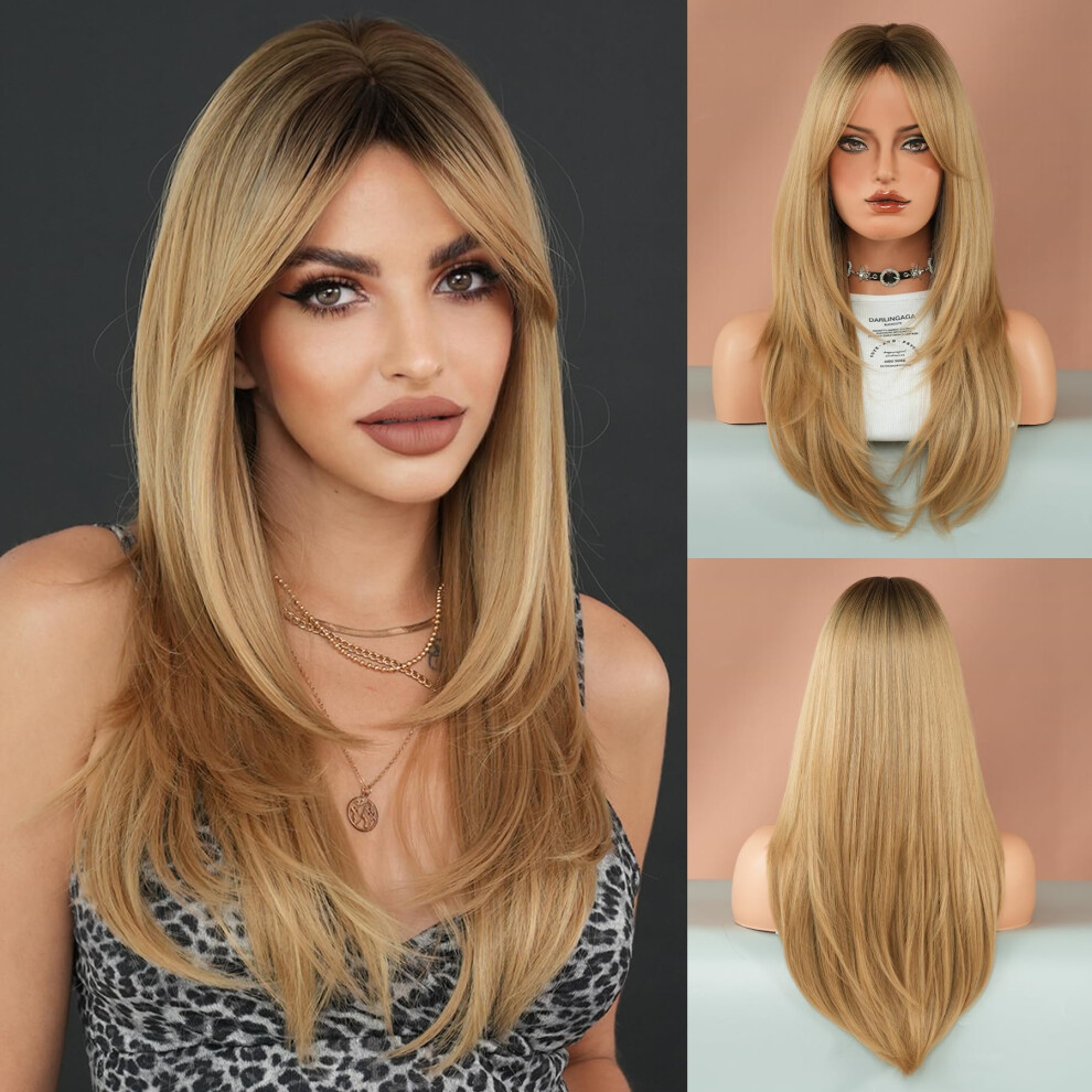 Unisex Brown 25 Inch Blonde Wig With Roots Human Hair With Bangs Long Layered Natural Hairline For Women