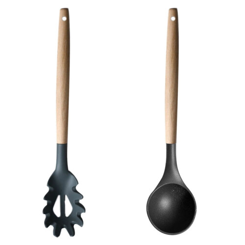 Silicone Pasta Fork Wooden Handle Spaghetti Utensils Grey