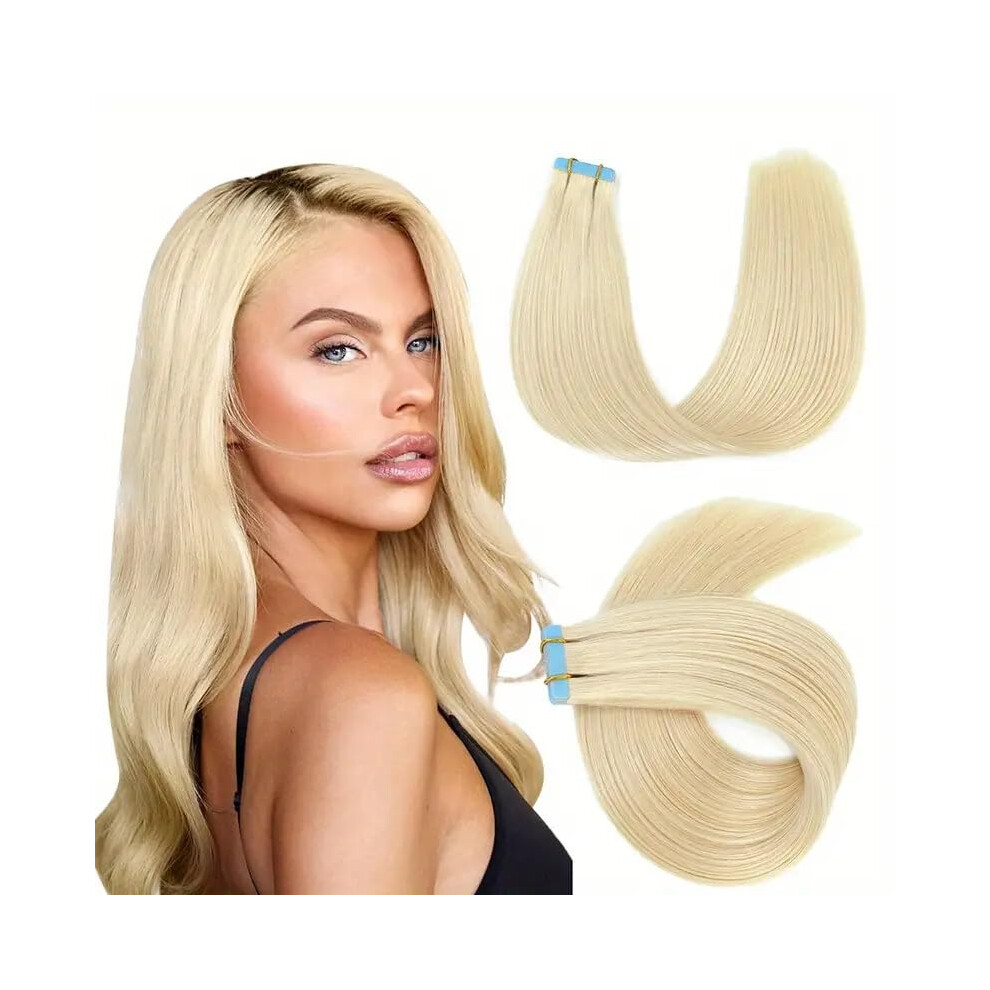 Unisex Silver Platinum Blonde 16 Inch Tape In Remy Human Hair Extensions Seamless Skin Weft Reusable 50G 20Pcs