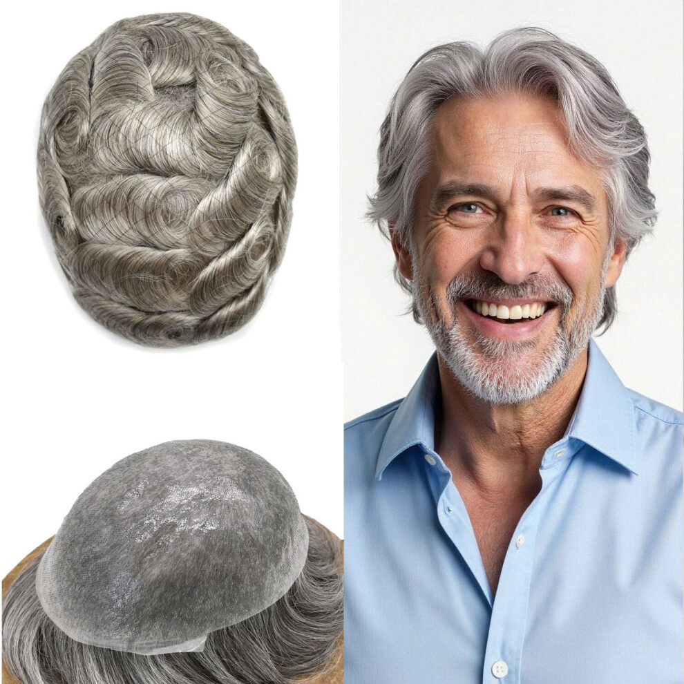 Unisex Brown,Grey Mens Toupee 0.06Mm Thin Skin Vloop Human Hair Hairpiece Natural Hairline 8X10 Medium Light Brown 80% Grey