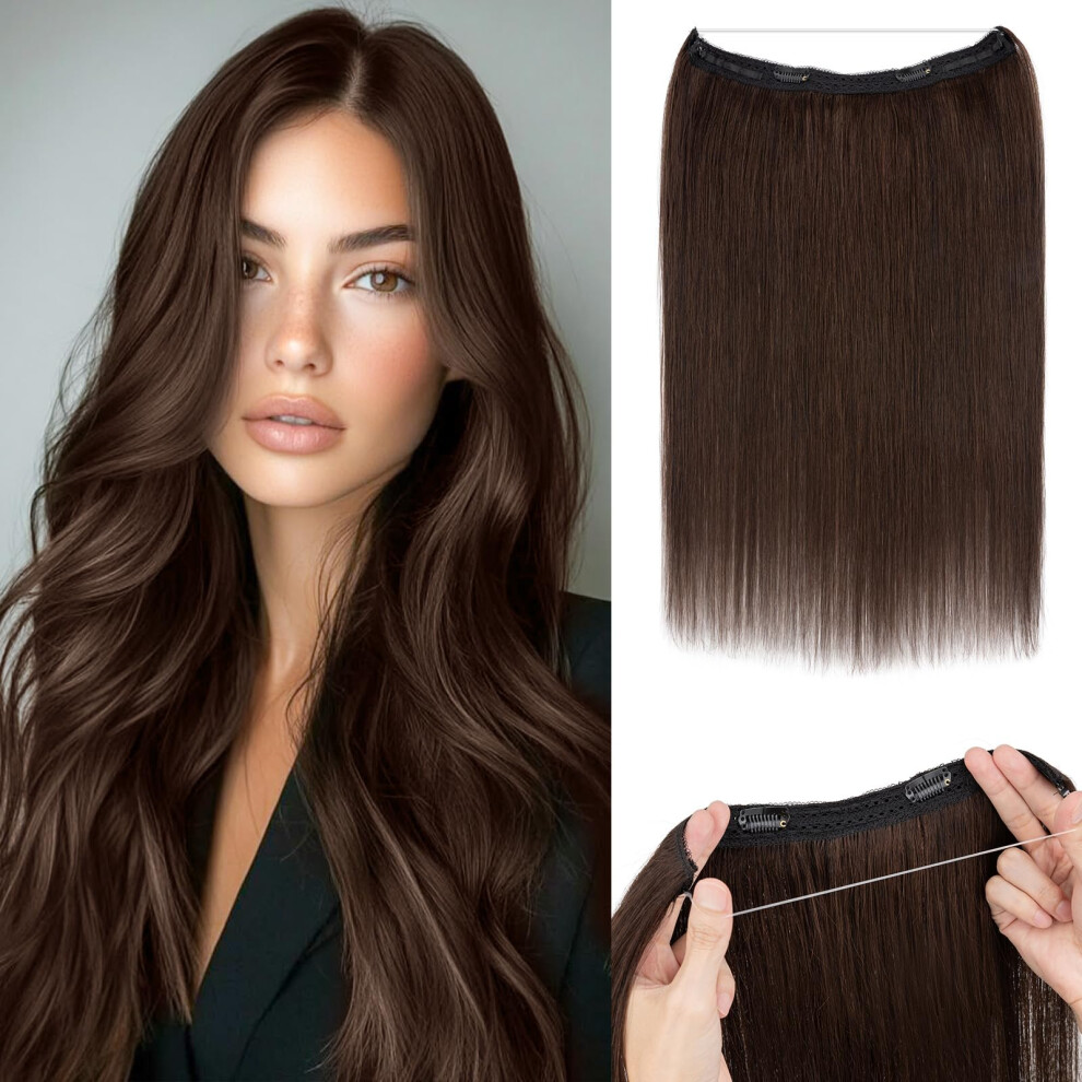 Unisex Brown 18 Inch Halo Hair Extensions Real Human Hair With Invisible Adjustable Wire For Instant Length And Volume Dark