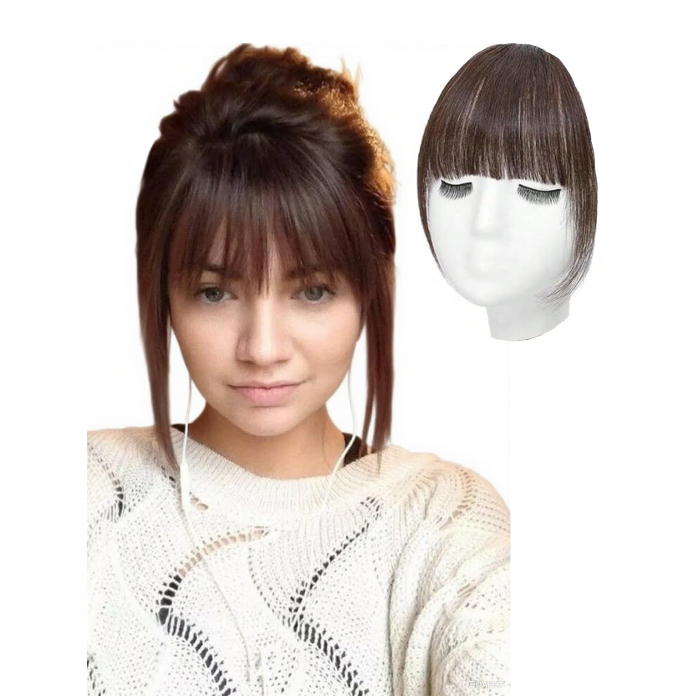 Unisex Brown Clip In Human Hair Bangs With Instant Volume Boost For Thinning Hair, Heat Stylable Dark