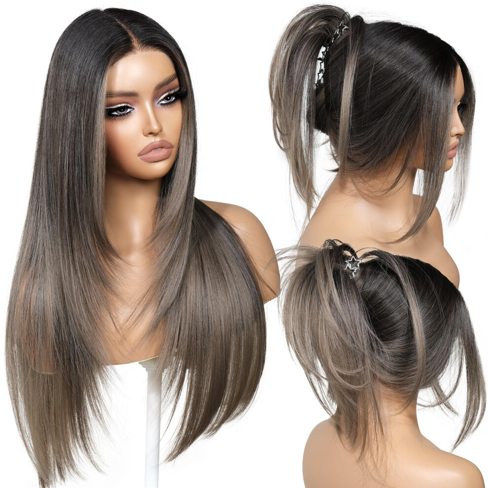 Grey Lace Front Wig Ombre Grey Glueless 26 Inch Layered Synthetic with Bangs Heat Resistant for Women