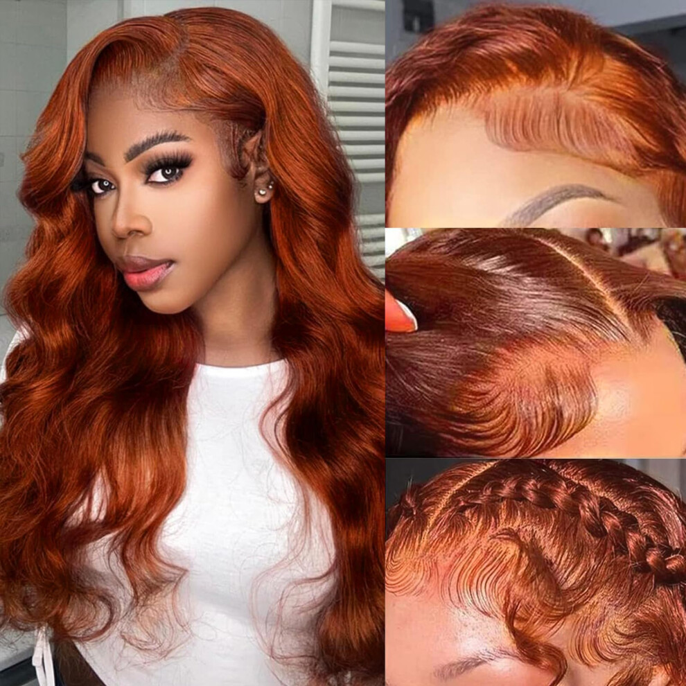 Unisex Brown Reddish 13X6 Hd Lace Front Wig Human Hair 200 Density Body Wave Pre Plucked 22 Inch