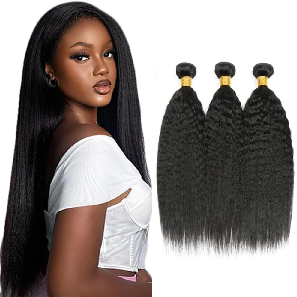 Unisex Yaki Straight Human Hair Bundles 20 Inch #1B Brazilian Virgin Hair Extensions Double Weft Full Volume