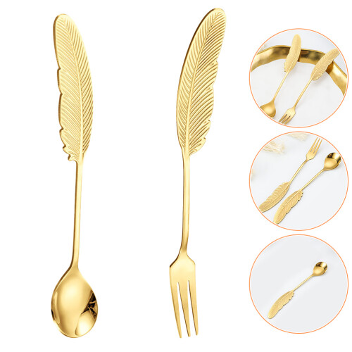 2Pcs Gold Serving Utensils Stainless Steel Small Spoon Fork Flatware 2