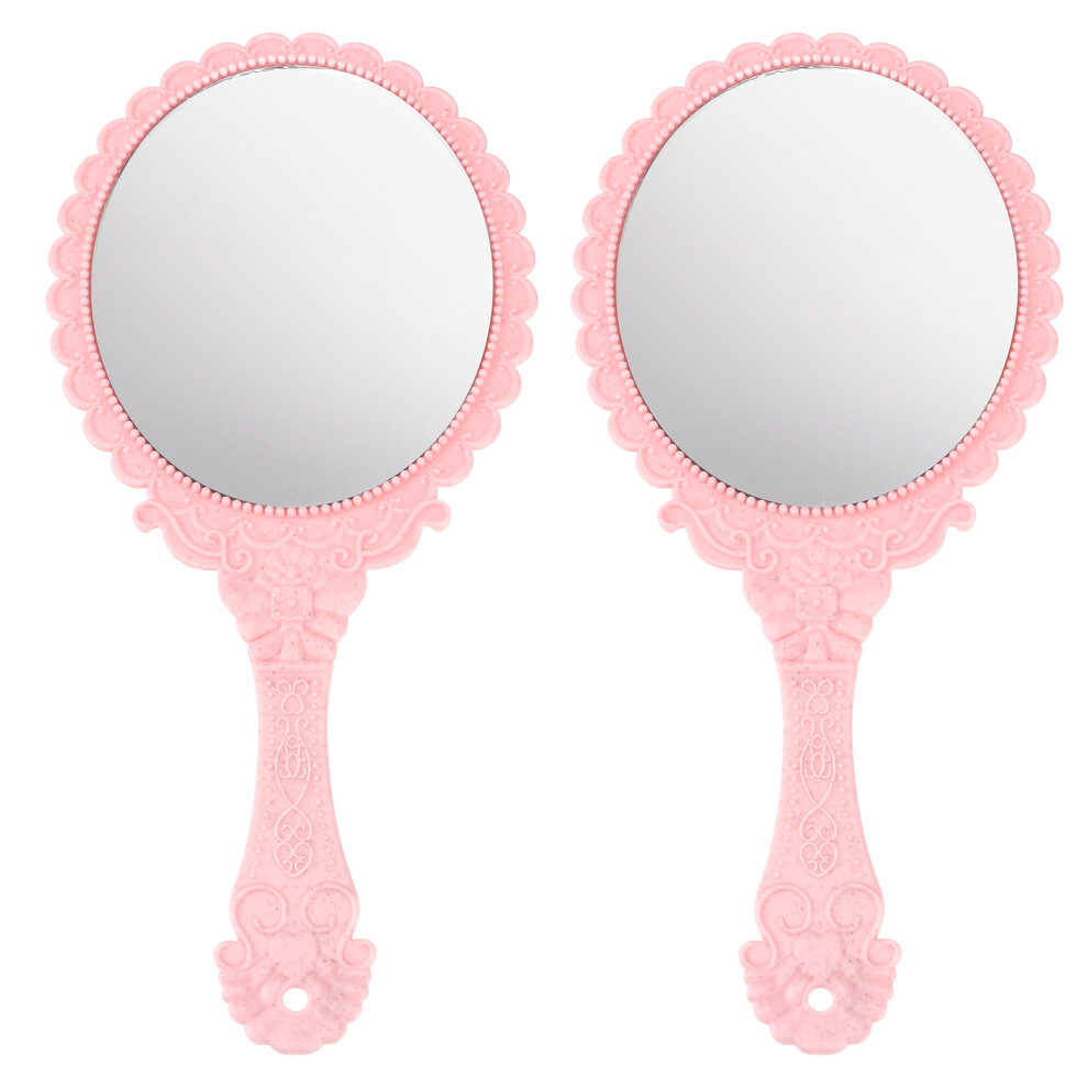 Iplusmile Pink 2Pcs Portable Vintage Handheld Makeup Mirror Cosmetic Mirror Creative Floral Handle For Travel And Vanity Use