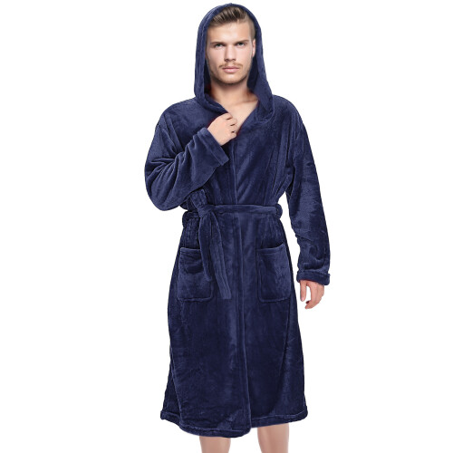 Dark Blue Mens Hooded Bath Robe Soft Polyester Towel Shower Robe