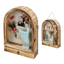 Large Shadow Box with Drawers and Removable Shelves, Vintage Arch Wooden Memory Box for Keepsakes