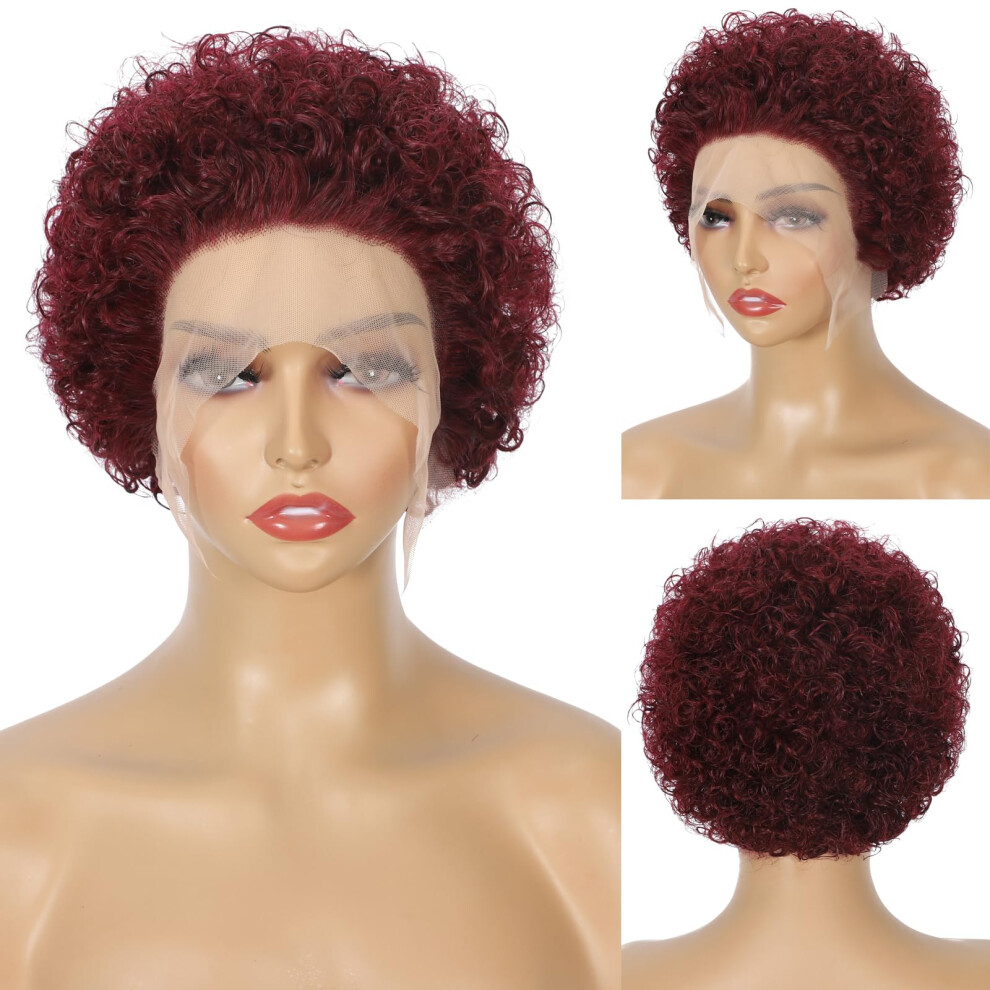 Unisex Black,Red Pixie Cut Human Hair Wig 13X1 Lace Front Short Curly Burgundy Wig For Black Women Pre Plucked
