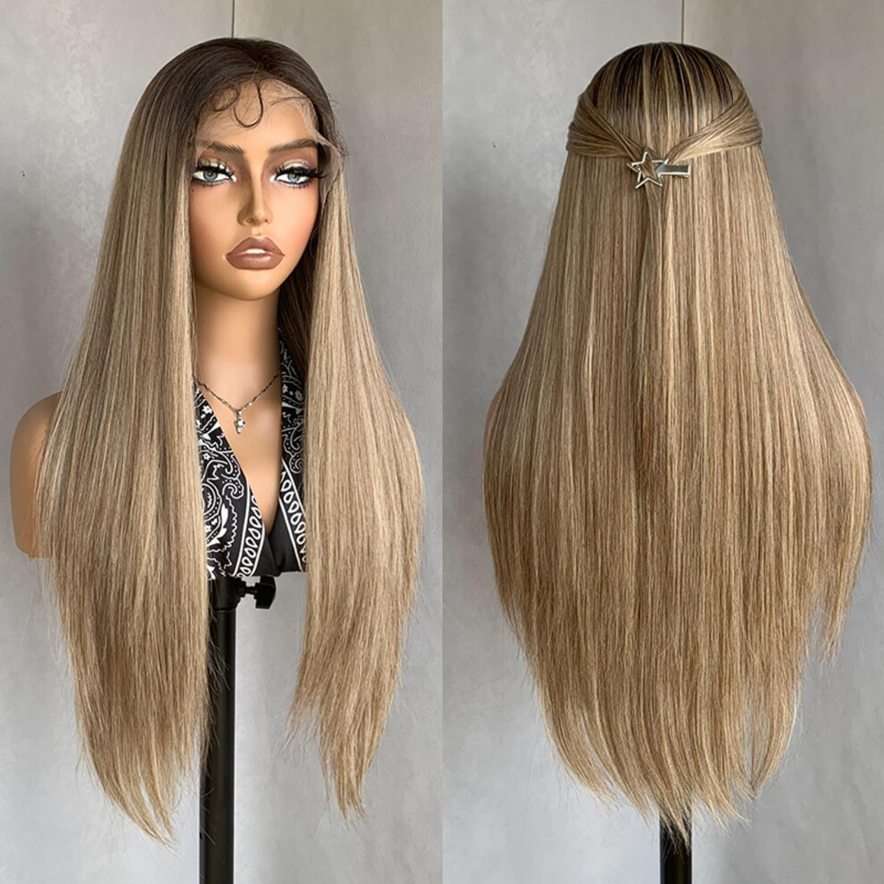 Honey Blonde Lace Front Wig 30 Inch Synthetic Heat Resistant Long Straight Glueless for Women