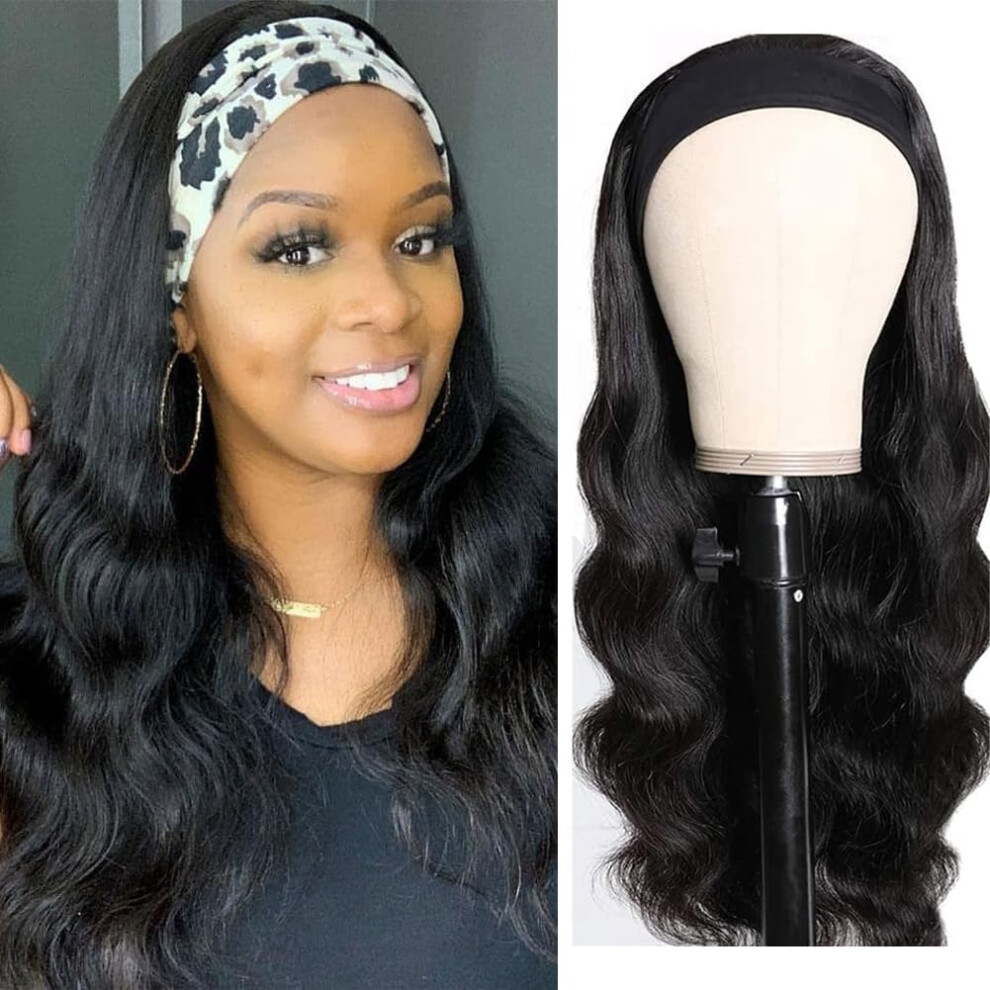 Unisex Black 16 Inch Body Wave Human Hair Headband Wig For Women, Glueless Brazilian Virgin Hair