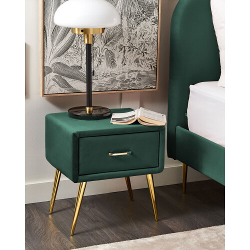 Beliani 1 Drawer Bedside Table FLAYAT Velvet Emerald Green 1