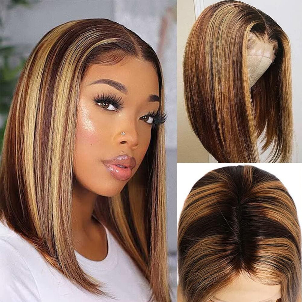 Unisex Human Hair Lace Front Bob Wig 13X4 Hd Honey Blonde Ombre Glueless 180% Density Pre Plucked 12''