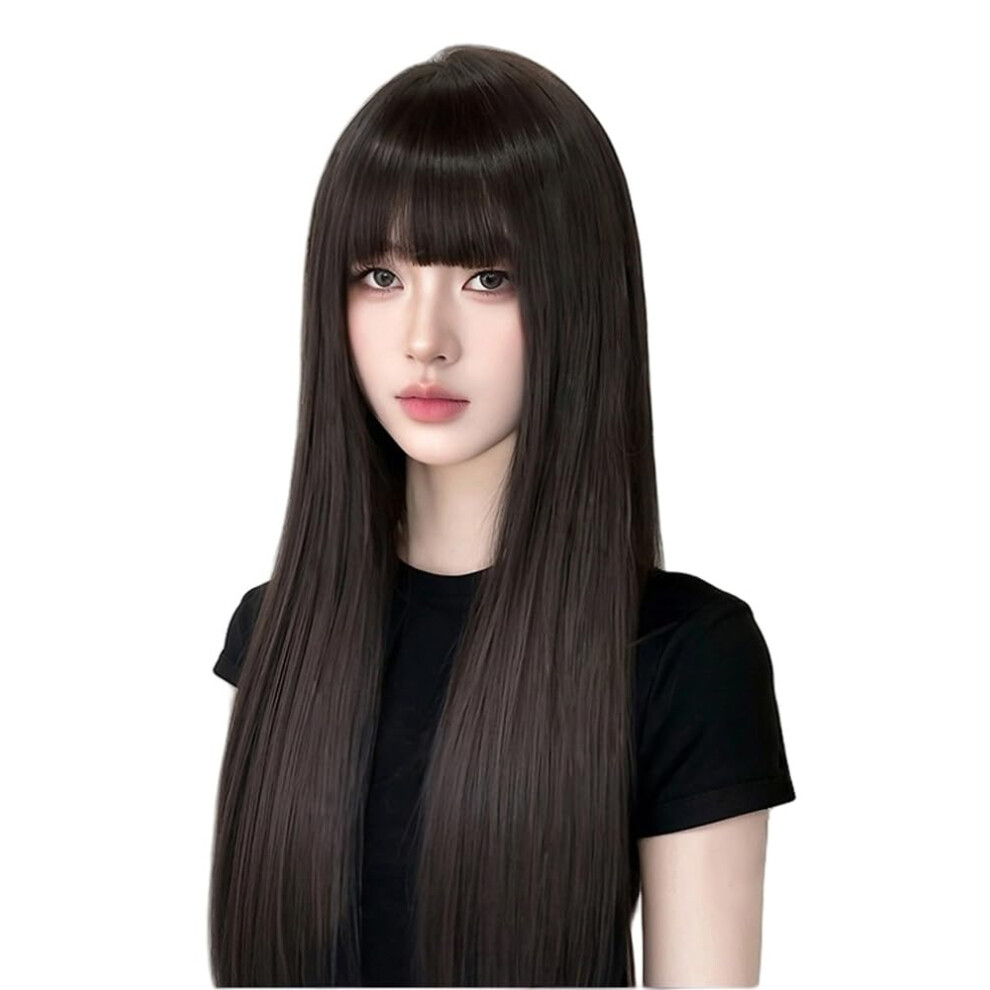 Unisex Black Long Straight Synthetic Wig With Bangs For Women, Natural Looking Heat Resistant Fiber