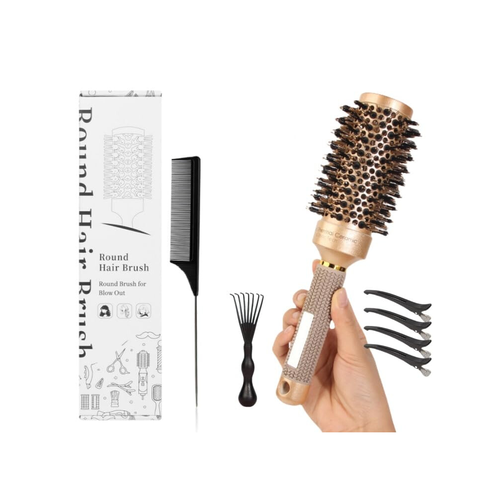 7PCS Boar Bristle Round Hair Brush Set for Blow Drying, Curling and Frizz Control 45mm Barrel