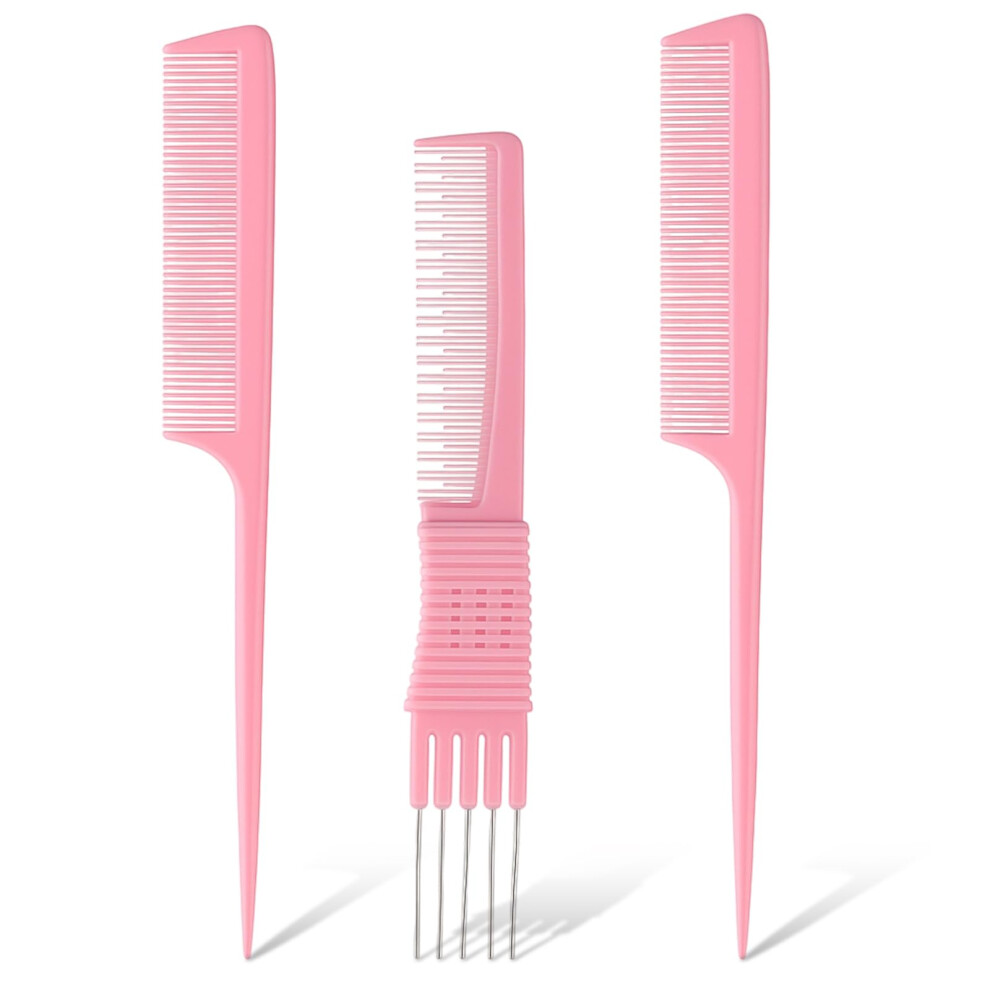Unisex Pink 3Pcs Carbon Fiber Rat Tail Comb Set, Fine Tooth Hair Combs For Precise Sectioning And Styling