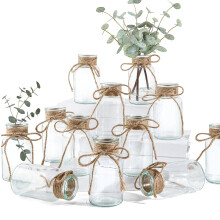 Glass Bud Vases Set of 12 Vintage Clear Mini Flower Vases with Hemp Rope Bows for Wedding Centerpieces