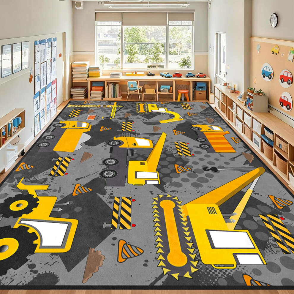 Construction Play Rug 8x10 for Boys Room with Realistic Design, Soft Surface, Indoor Outdoor Use