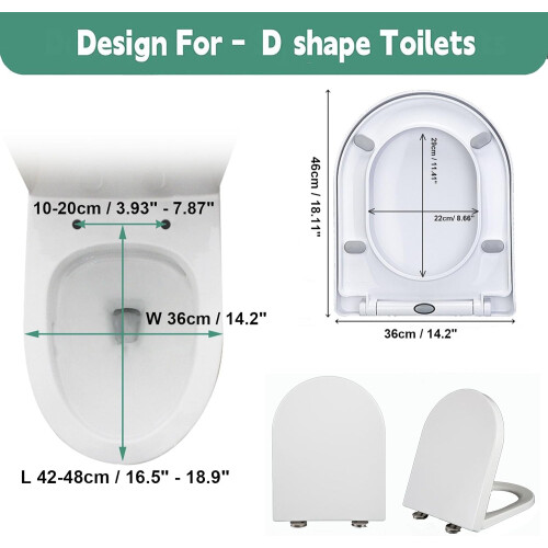 White D Shape Soft Close Toilet Seat with Quick Release and Adjustable  Fixing Hinges 2