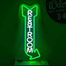 LED Restroom Neon Wall Sign with Right Arrow, White and Green Light, Energy Saving Acrylic