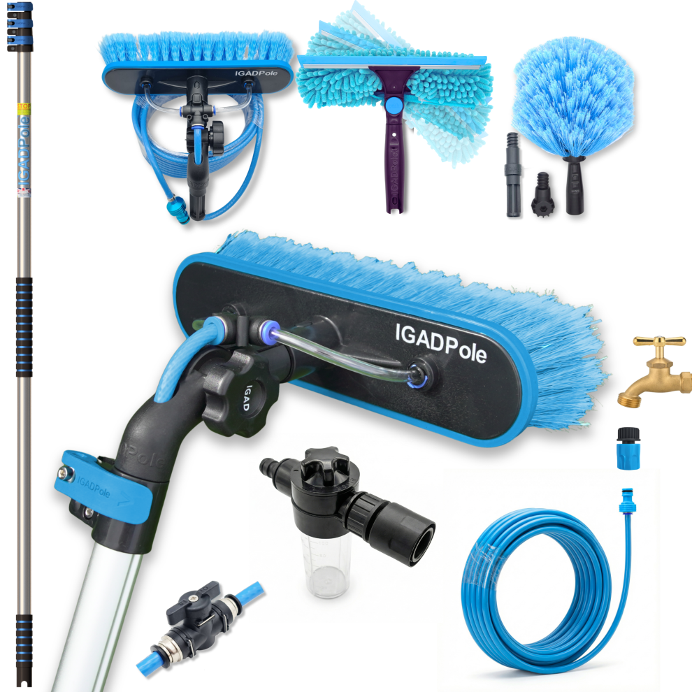 Igad Pole 3.6M(12Ft) Washing Kit: Water-Fed Brush, Cobweb Duster And 25Cm Squeegee And Soap Dispenser, With 3-Stage Telescoping Pole
