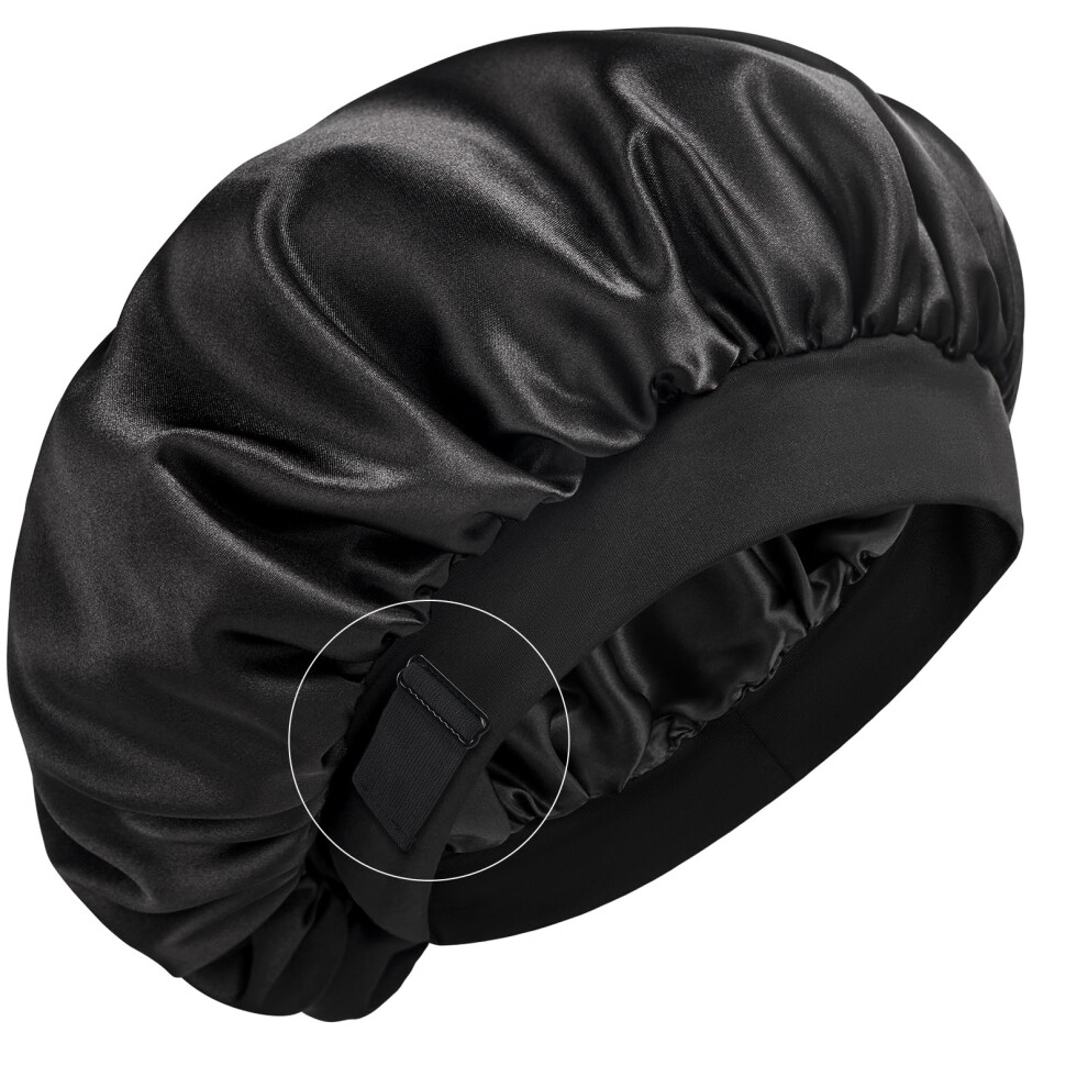 Silk Sleep Bonnet for Curly Hair, Adjustable NonSlip Fit, Double Layer FrizzReducing Black Cap