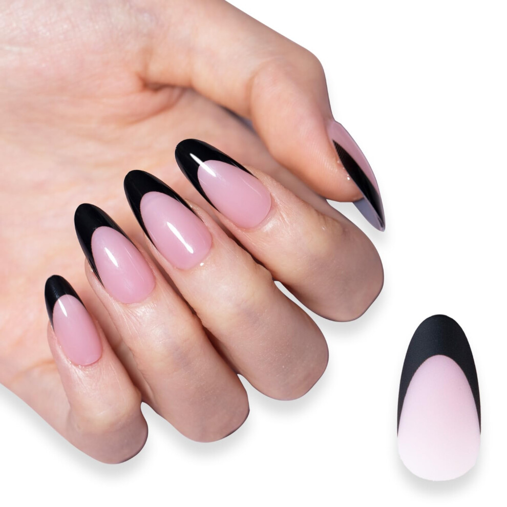 Black Almond Shape French Tip Press On Nails 150Pcs 15 Sizes Ultra Fit Salonquality Gel Finish