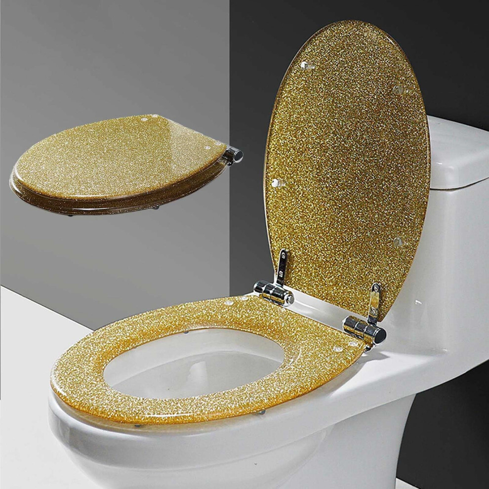 Soft Close Glitter Toilet Seat With Quick Release Design, Gold Resin, Adjustable Nonslip Hinges 9455672633611