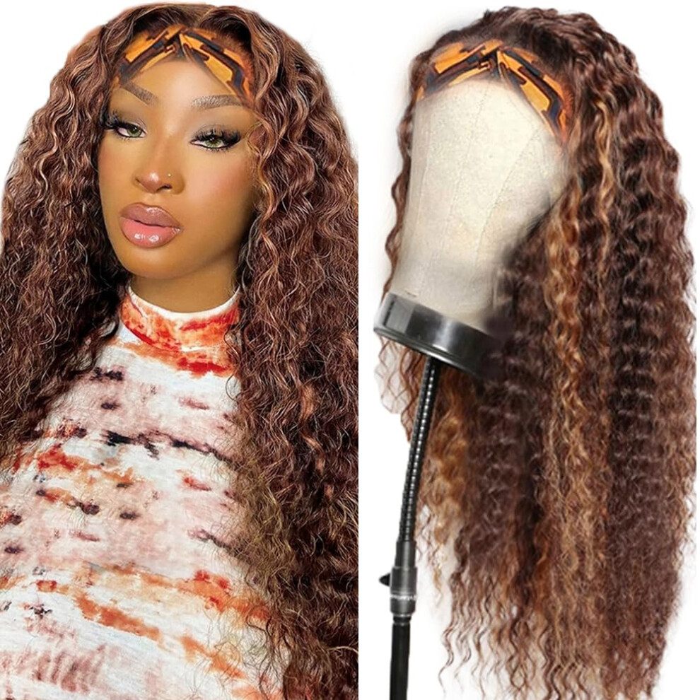 26 Inch Highlight Brown Water Wave Headband Wig Human Hair Brazilian Virgin Hair for Women