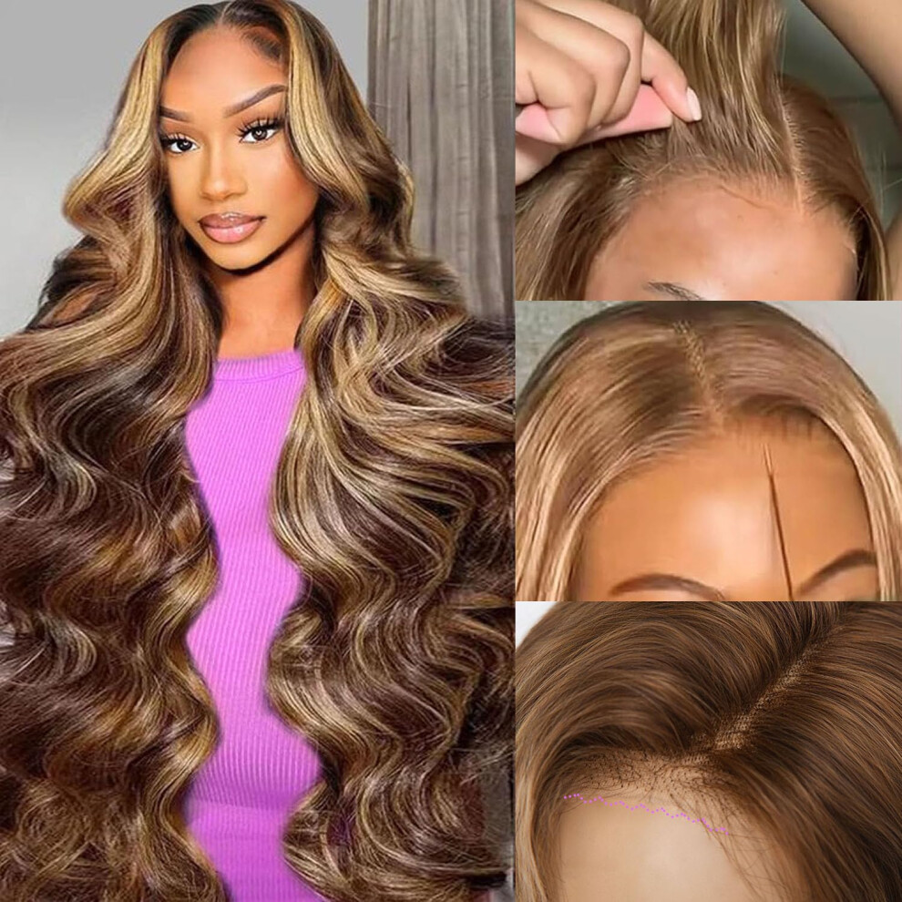 Unisex 36 Inch Honey Blonde Ombre Body Wave Lace Front Wig Virgin Human Hair Glueless Pre Plucked 5X5 Closure 200% Density
