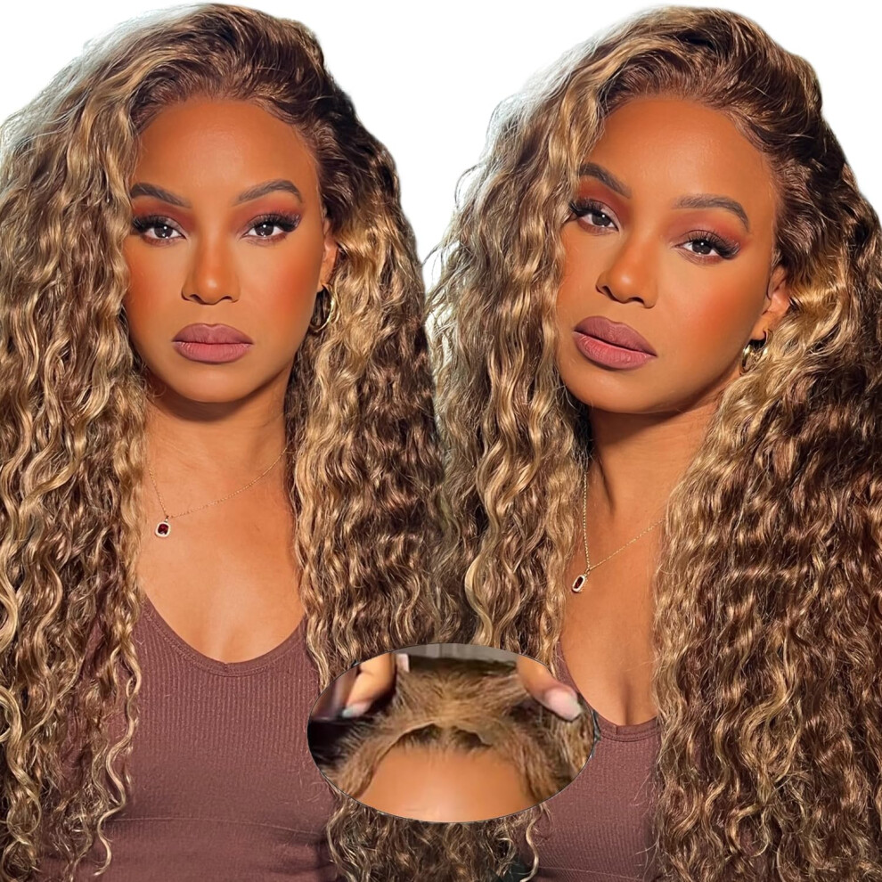 Unisex Human Hair Lace Front Wig 13X6 Glueless Ombre Curly Deep Wave 220 Density Honey Blonde Highlight 26 Inch