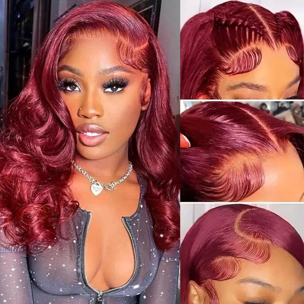 14 Inch 99J Burgundy Lace Front Bob Wig Human Hair, HD Transparent Lace, Natural Hairline