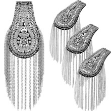 4 Pcs Shoulder Epaulets with Tassels and Chains Crystal Beaded Military Pads for Jackets Silver