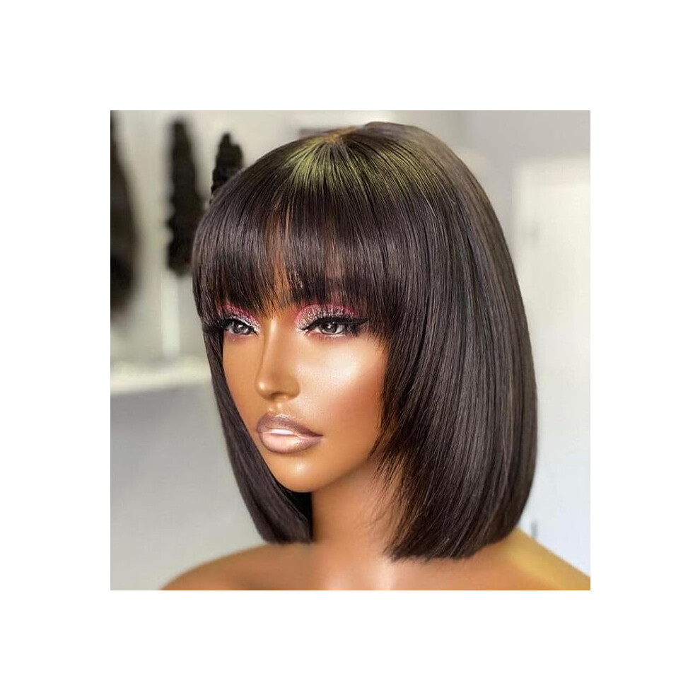 Unisex Short Bob Wig With Bangs 10 Inch Glueless Brazilian Virgin Human Hair, Wear And Go Beginner Friendly
