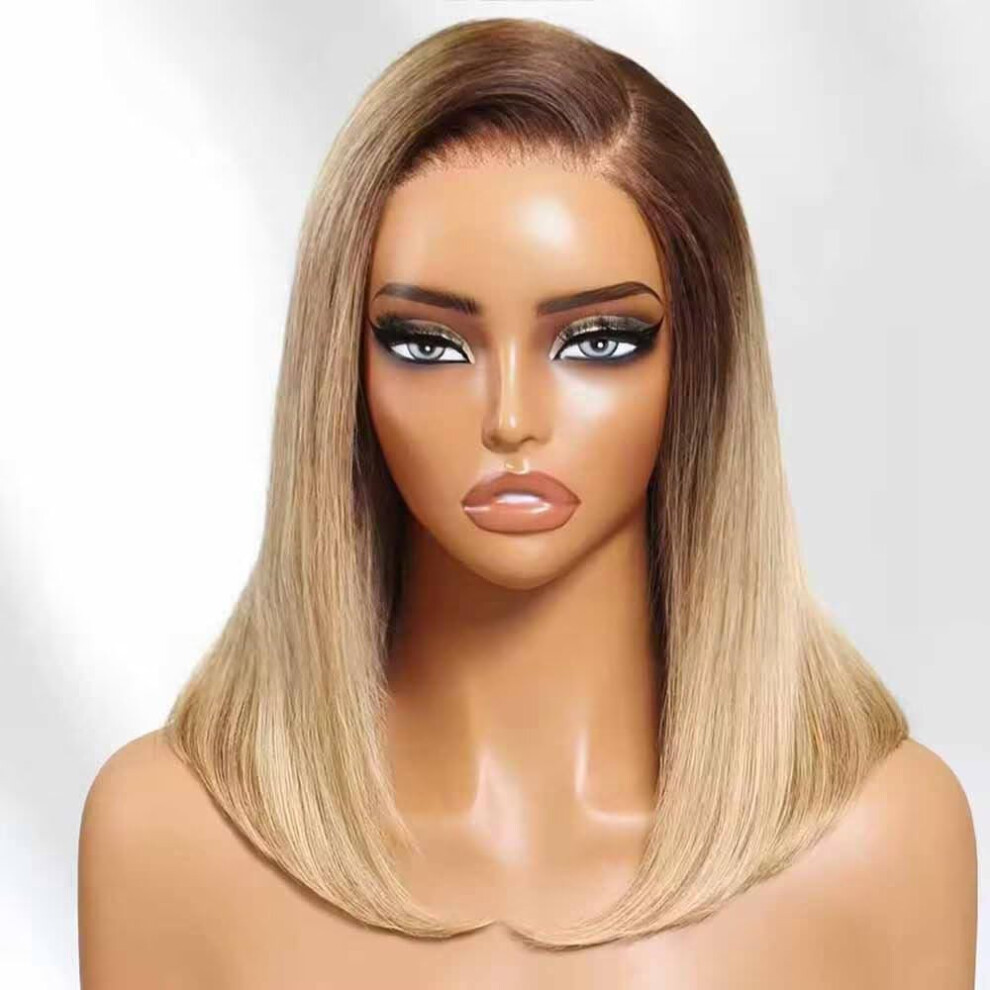14 Inch Honey Blonde Highlight Bob Wig with Brown Roots, 150% Density Brazilian Human Hair HD Lace Front, Pre Plucked