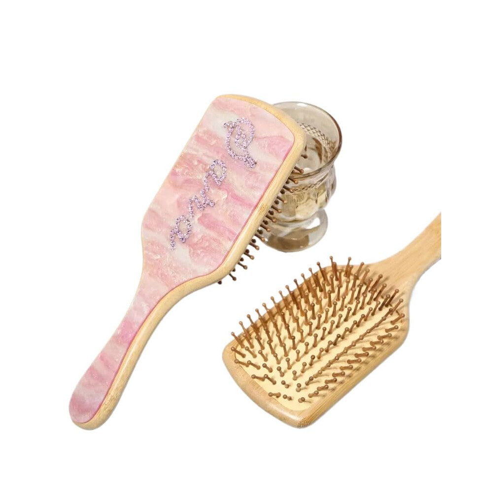 Hair Brush with Custom Name Engraving, Boar Bristle Paddle Brush, Rhinestone Bamboo, Pink Bridesmaid Gift