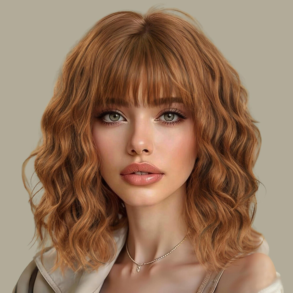 Unisex 14 Inch Ombre Blonde Wavy Curly Human Hair Bob Wig With Bangs For Women, Heat Resistant