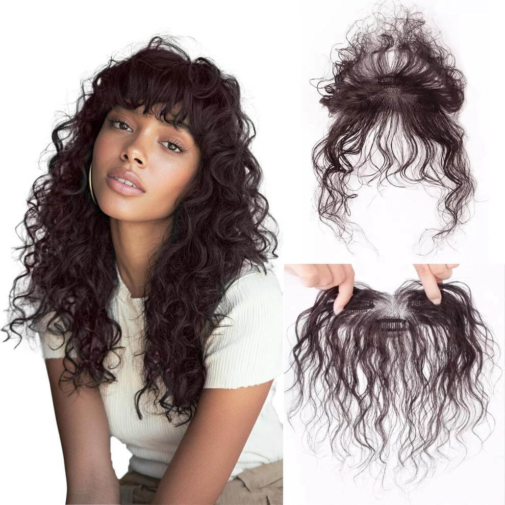 Unisex Brown Curly Clip In Bangs For Women Synthetic Wavy French Curtain Fringe Hairpiece Dark