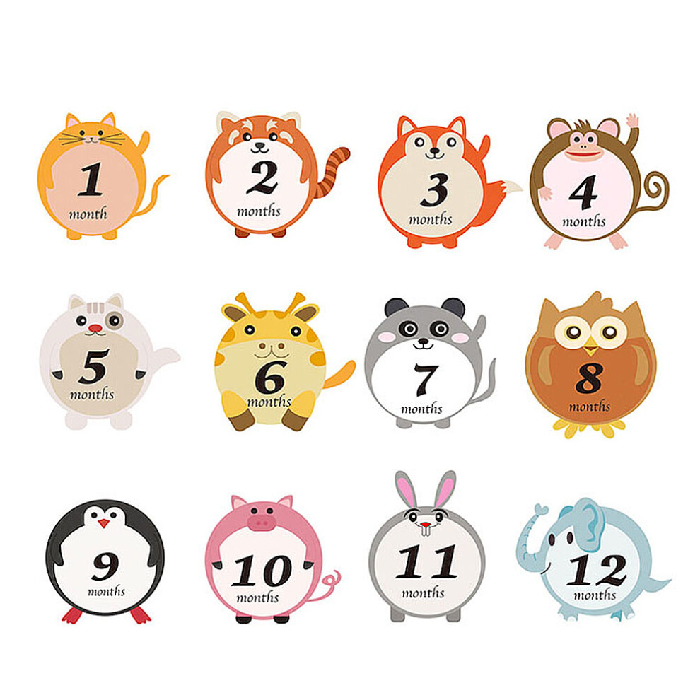 12Pcs Baby Month Sticker Decals Assorted Color Cartoon Design Decor Aboofan