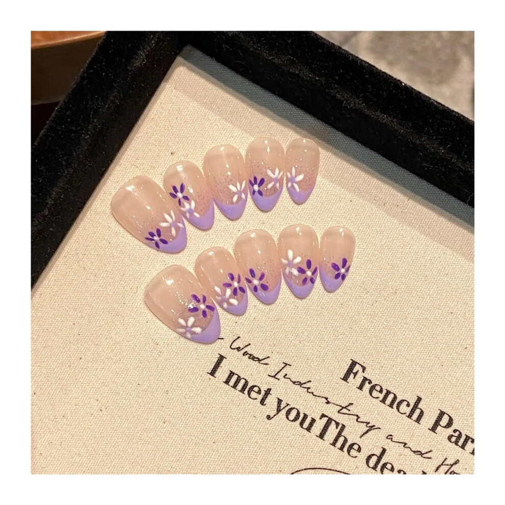 Pink French Ballerina Press On Nails With Rhinestones, Handmade Reusable Long Fake Nails