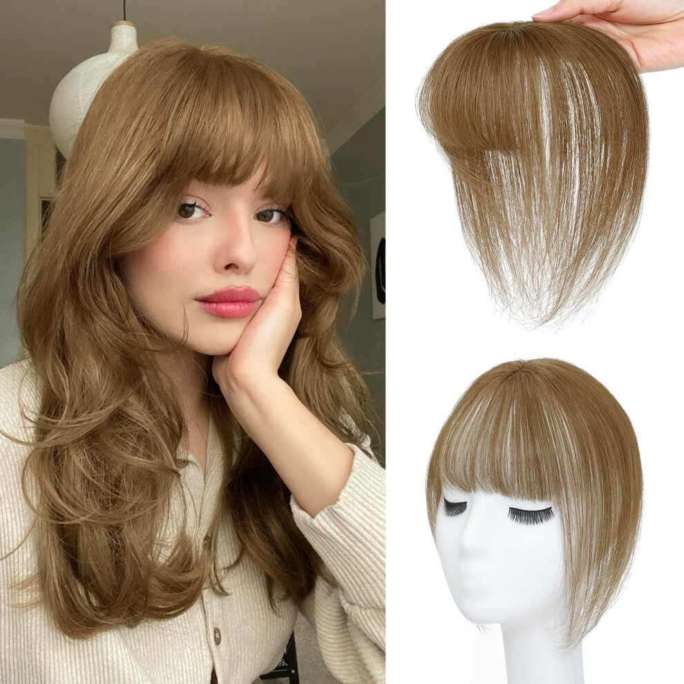 Unisex Brown Clip In Human Hair French Bangs 360 Full Cover Light Fringe Topper For Women