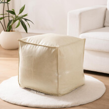 Pouf Ottoman Cover 17.7 Inch Faux Leather Waterproof Footstool Cube for Living Room Beige