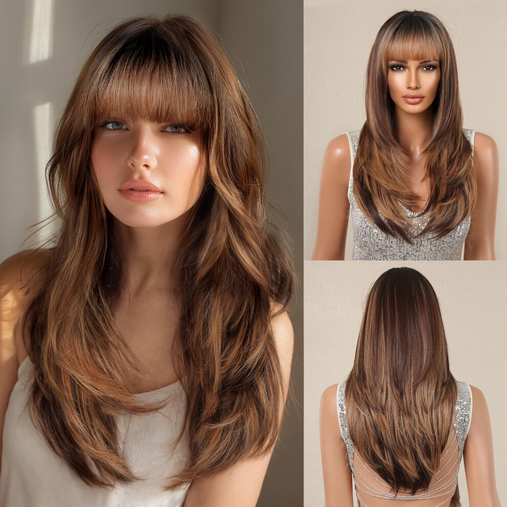 Unisex Brown Human Hair Wig Long Straight With Bangs Ombre Blonde 24 Inch Honey Glueless Natural Look