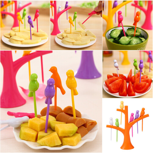 6 pcs plastic bird fruit forks with tree holder for party or home use