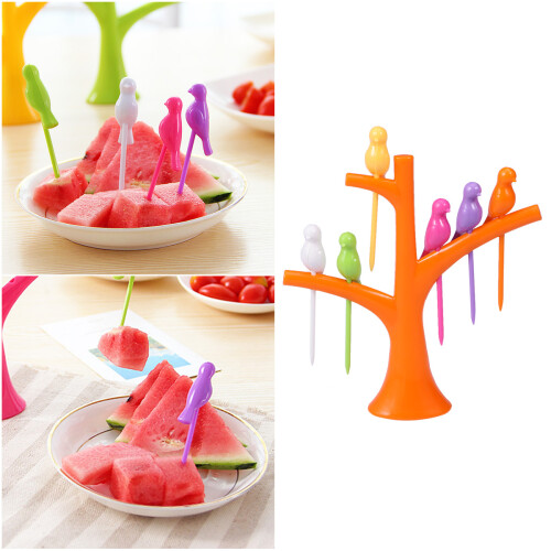 6 pcs plastic bird fruit forks with tree holder for party or home use 2