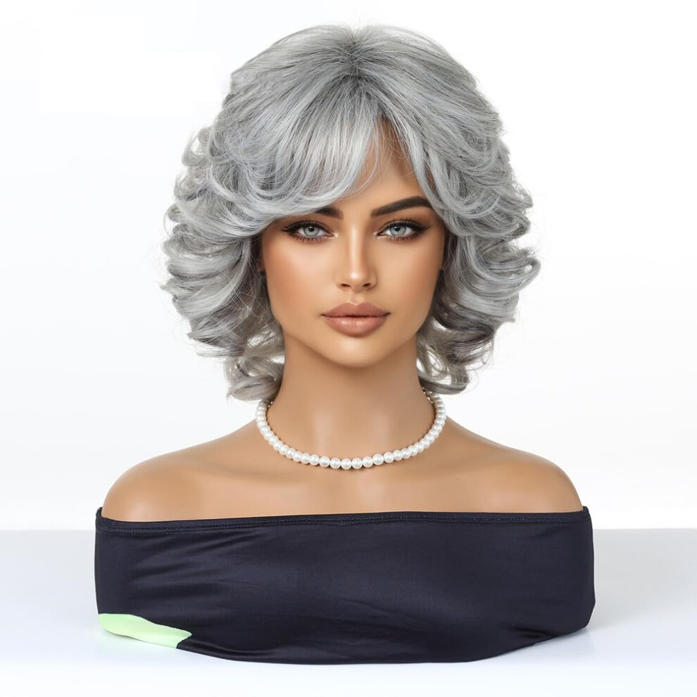 Unisex Silver Gray Wig For Women, Short Curly Wavy 12 Inch With Bangs, Realistic Lace Hairline